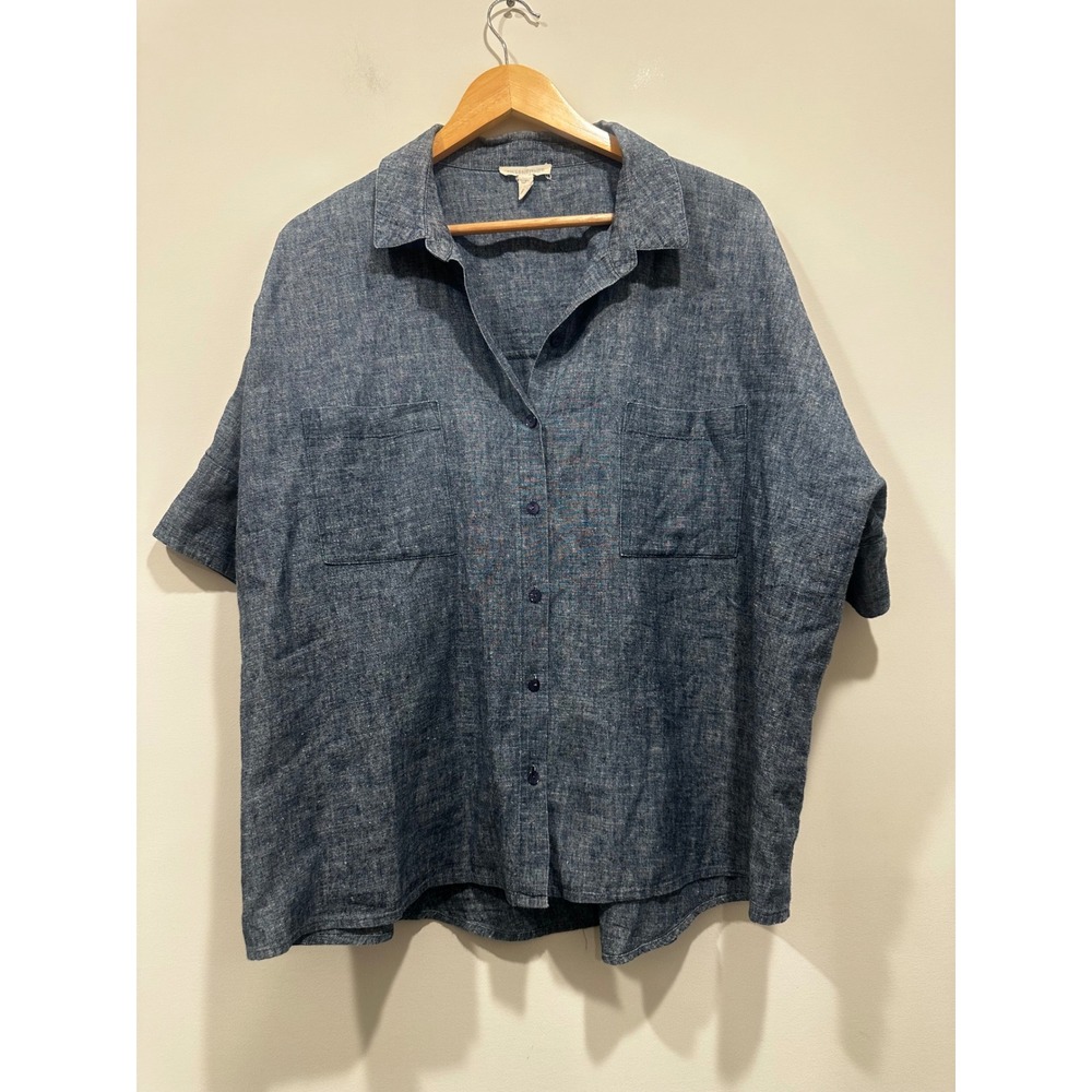 Eileen Fisher Hemp Organic Cotton Blue Button Front Boxy Shirt XL